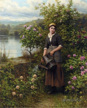 Fleurs impressionnistes œuvres - Arroser la paysanne du jardin Daniel Ridgway Knight Fleurs impressionnistes